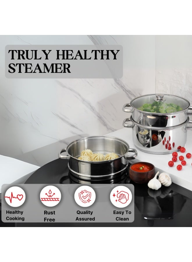 Vinod Stainless Steel 3-Tier Steamer with Glass Lid, 26 cm | 2.5 mm Thick Base | Multi-Purpose Steamer for Momos, Modaks, Vegetables & More | Riveted Handles | Induction & Gas Base - Image 5